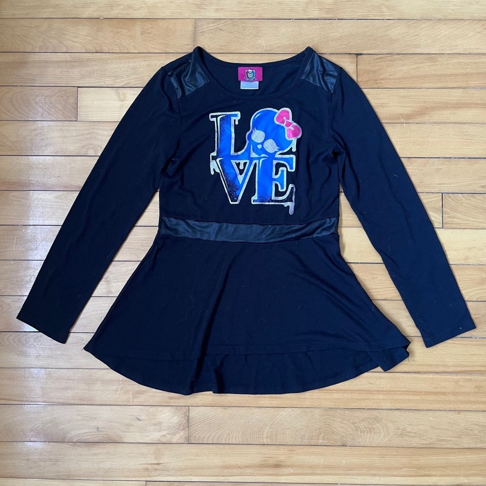 Monster High Girls Black Long Sleeve Y2K Top LOVE Skullette Graphic Glitter